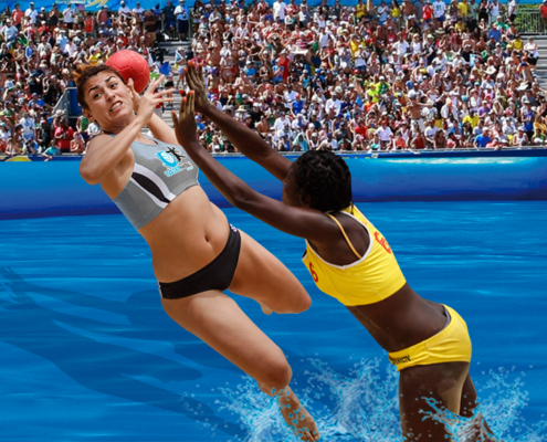 dos jugador de waterhandball en plena acción de ataque y defensa en una de nuestras piscinas deportivas profesionales Water Sport Pools®